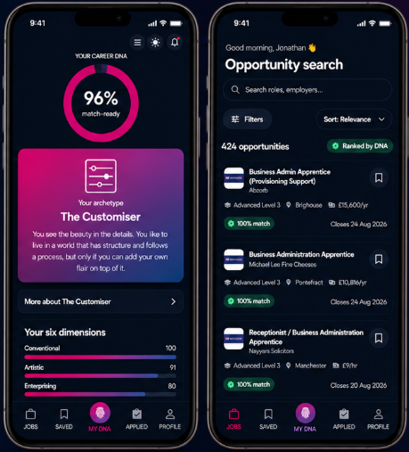The GetMyFirstJob app, showing a Career DNA profile and a list of matched opportunities.