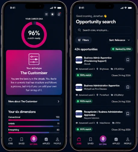 The GetMyFirstJob app, showing a Career DNA profile and a list of matched opportunities.